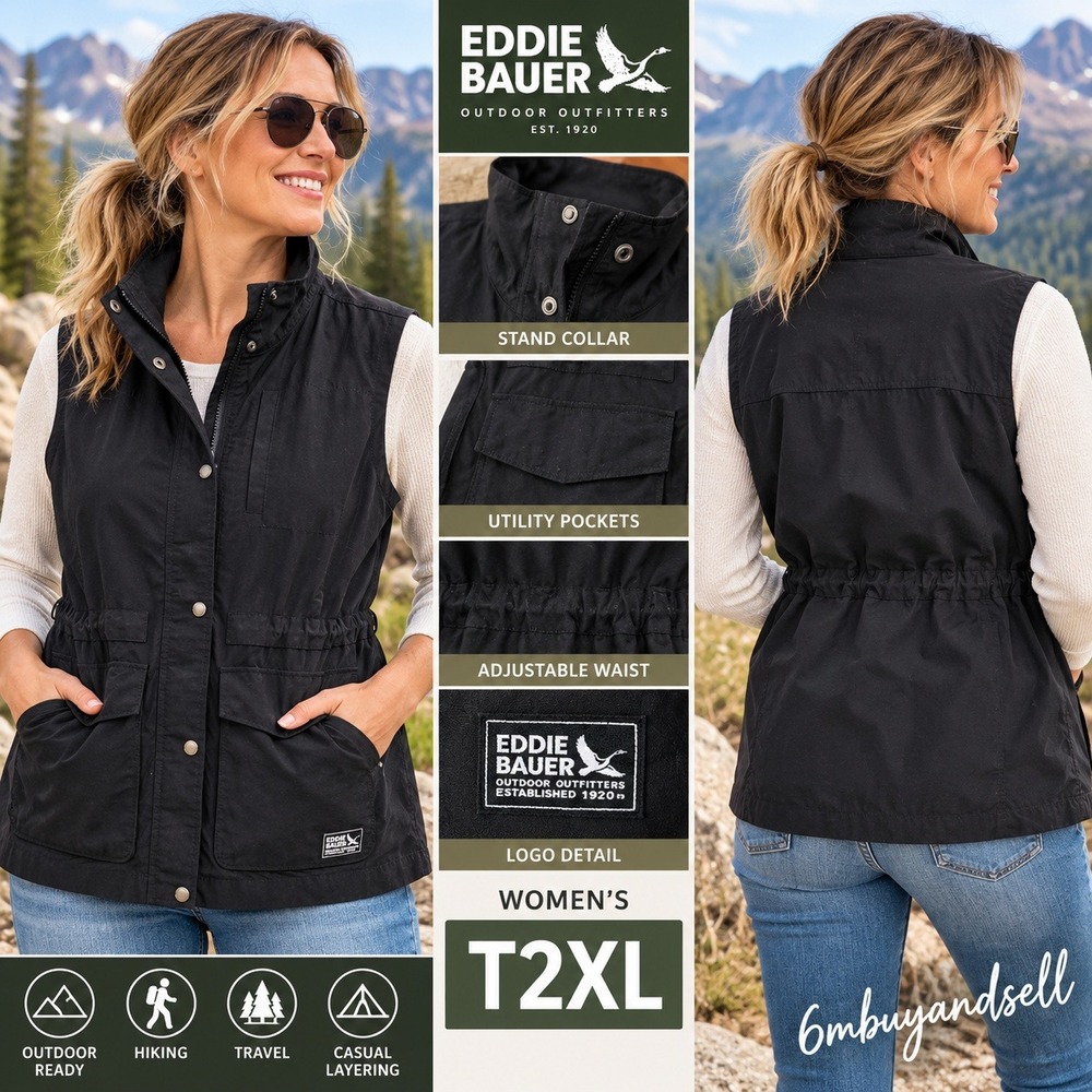 Eddie Bauer Womens Black Utility Vest Specialty Dyed Full Zip T2XL 21512633